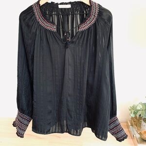 Johnny Was Womens Folk Smock Boho Blouse 100% Silk Black Pink Long Sleeve Size M